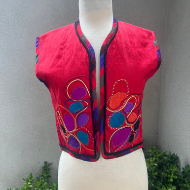 Vintage boho Thai silk vest bolero style red black with patches abstract art Small 