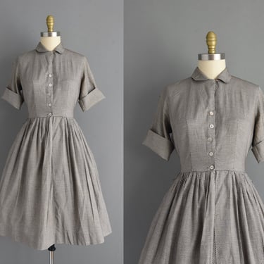 1950s vintage dress | Beige & Black Stripe Print Short Sleeve Shirtwaist Cotton Dress | Medium | 50s dress 
