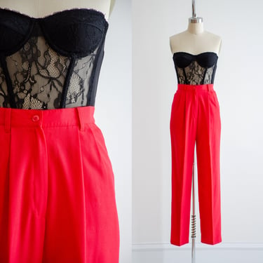 high waisted pants | 80s 90s vintage red dark academia pleated straight leg trousers 