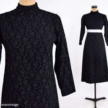 1970s Black Metallic Maxi Dress | 70s Black & Silver Woven Dress | Small 