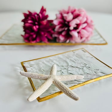 Vintage Glass Tray set of 2, rectangular clear textured glass with gold trim for serving drinks dessert Holiday party Hollywood Regency gift 
