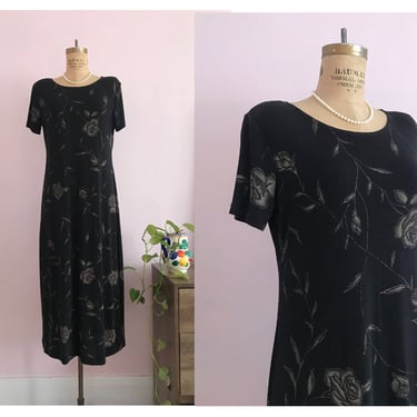 y2k Size 10/12 Slinky Black Rose Dress 