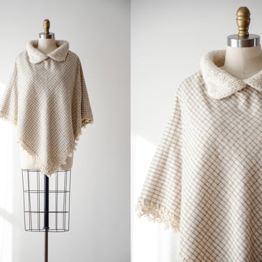 plaid wool cape | 60s 70s vintage cream white gray crochet handmade dark academia wool poncho 