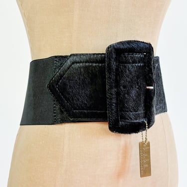 1990s Wide Genuine Leather Black Belt | 90s Black Cowhide & Stretch Fabric Belt |  Nicole Miller | Large 