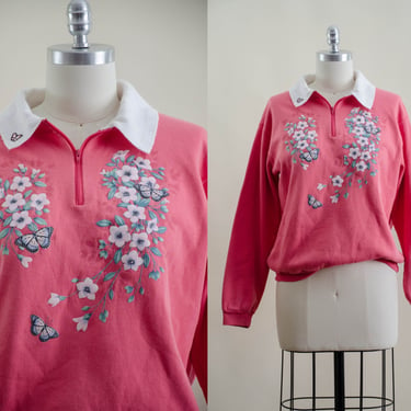 pink vintage sweatshirt | 80s 90s vintage floral butterfly cute cottagecore puff paint collared zip front sweatshirt 