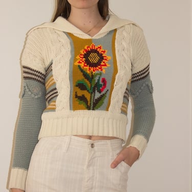1970s Sunflower Motif Cable Knit Sweater 