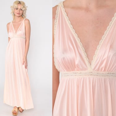 70s Baby Pink Nightgown Dress Long Lingerie Nightie Maxi V Neck Sleeveless Nightie Empire Waist Vintage 1970s Miss Elaine Extra Small xs s 