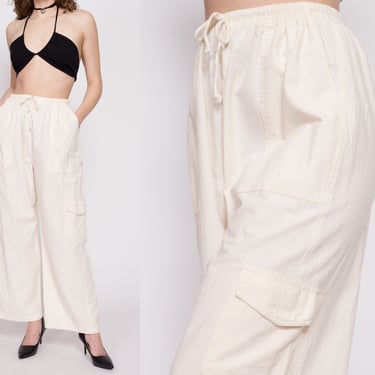 Vintage Cream Cotton Lounge Cargo Pants - 26"-34" Waist | 90s Y2K High Rise Elastic Waist Casual Beach Trousers 