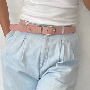 90s Calvin Klein belt / vintage blush light pink embossed CK Calvin Klein designer spell out faux vegan leather belt brass buckle | Medium 