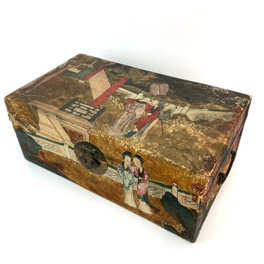 Antique Chinese Hand Painted Pigskin Leather Document Box Jewel Casket 