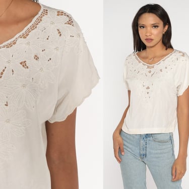 Sheer Bali Top 80s White Beaded Blouse Floral Shirt Embroidered MESH Cut Out Top 1980s Bohemian Cutwork Embroidery Cutout Top Boho Medium 