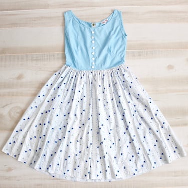 Vintage 50s Sundress, 1950s Floral Dress, Summer Dress, Pin Up Dress, Full Skirt, Daisy Flower Print, Teen, X-Small, Metal Zipper 