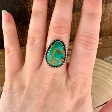 GREEN ALGAE TURQUOISE and Sterling Silver Ring | S. Cooke Hallmark | Native American, Southwestern Jewelry | Navajo Made | Size 7 