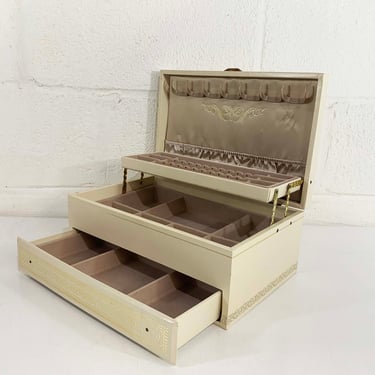 Vintage Ivory Mele Jewelry Box Beige White Mauve Pink Gold Floral Hard Case Velvet Vanity Retro Storage 1960s 