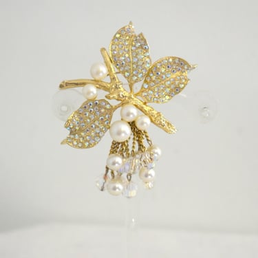1960s AB Rhinestone and Faux Pearl Dangle Branch Brooch 
