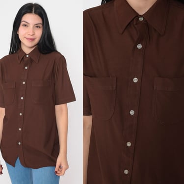 Brown Shirt 70s Button Up Collared Top Retro Hippie Disco Shirt Plain Short Sleeve Basic Preppy Pointed Collar Vintage 1970s Men's Medium M 