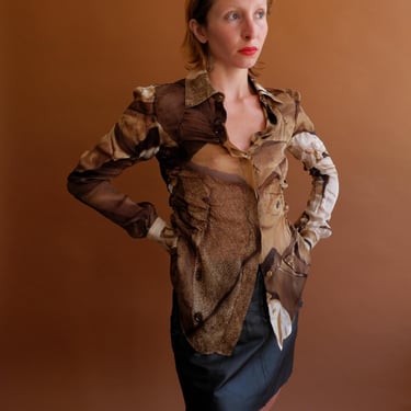 Vintage Moschino Photo Print Gathered Blouse/ Size XS 