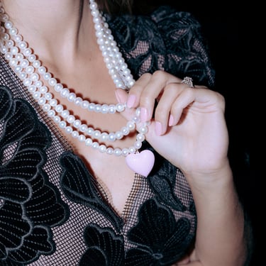 The Pink Reef Triple Strand Pearl Necklace with Light Pink Heart