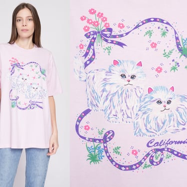 90s Pink Cat T Shirt - Men's XL, Women's XXL | Vintage California Cute Animal Kitten Graphic Tourist Tee 