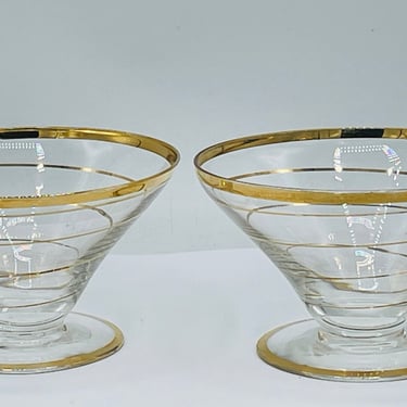 Vintage  Pair (2) Gold Spiral Pedestal Sherbet Cocktail Glasses 