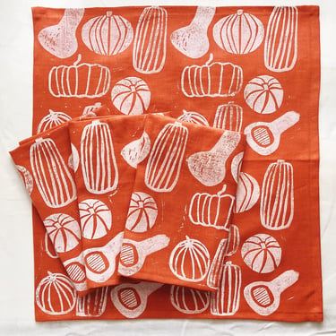 linen napkin set. orange pumpkins. hand block printed / placemats / tea towel. boho decor. organic halloween. thanksgiving. gourd. hostess. 
