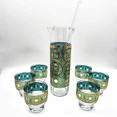 Culver Cocktail Set Gold Blue Terrazzo, Vintage lowball glasses, Mid-Century Cocktail Glasses, 22k Gold Barware, Terrazo 