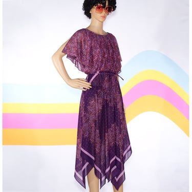 Vintage 1970s Boho Purple Scarf Dress | Small/Medium | 12 