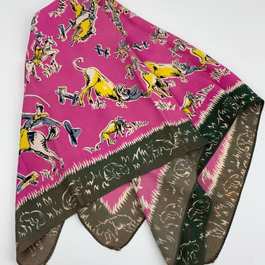 Rare >>> 1940'S Cowboy Rodeo Scarf - Bucking Bronco's - Unusual Pink Background - All Rayon - 25-1/2 Inches x 27 Inches 