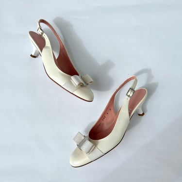 Ferragamo White Patent Leather Bow Slingback Heels - 5.5