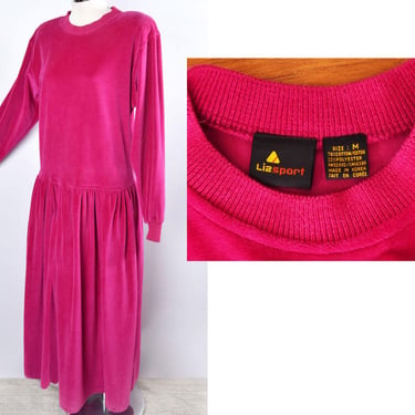 80's Fuchsia Hot Pink Velour Dropped Waist Dress, Vintage 1980's Designer LIZSPORT, Medium, Cotton soft Velvet 