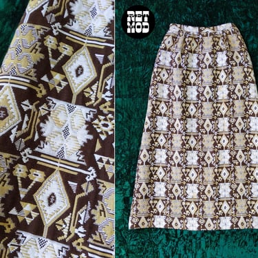 Boho Beautiful Vintage 70s Brown Southwestern Style Brocade Maxi Skirt 