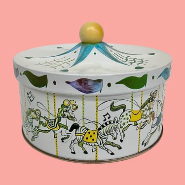 Vintage Guildcraft Tin Container Retro 1960s Mid Century Modern + Carousel Design + Metal + Kitchen Storage + Cookies or Candy + Home Decor 