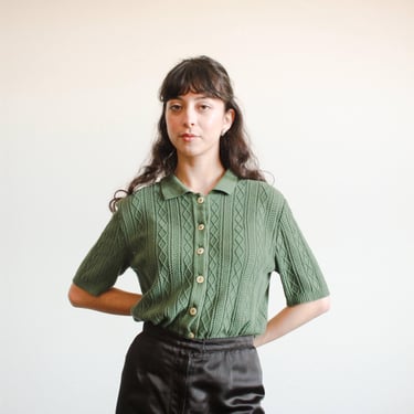 1990s Geiger Collections Emerald Pointelle Knit Shirt 