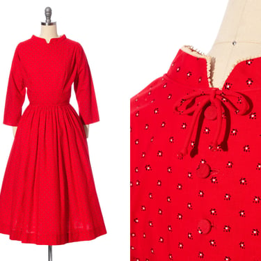 Vintage 1950s Dress | 50s LANZ Calico Floral Printed Red Cotton Button Back Fit and Flare Holiday Midi Day Dress (small) 