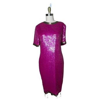 Vintage Stenay Beads Sequins 100% Silk Fuchsia Pink Silver Dress Size 8 