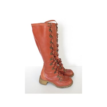 Vintage Zodiac Lace Up Boots - 60s 70s Leather Heeled Boot - Campus Boho Hippie - Size 5.5 