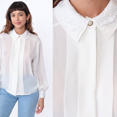 Sheer White Pleated Blouse 90s Lace Collar Chiffon Button Up Top Long Sleeve Collared Shirt Preppy Party Tuxedo Vintage 1990s Medium 10 