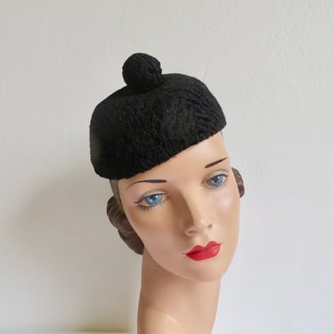 1950's Black Curly Persian Lamb Beanie Hat with Pom Pom Sophisticated Couture 50's hats Irene of New York I. Magnin 