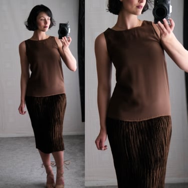 Vintage 90s PETER COHEN Brown Silk Minimalist Dress w/ Velvet Plisse Drop Skirt | 100% Silk | 1990s Designer Flapper Silhouette Silk Dress 