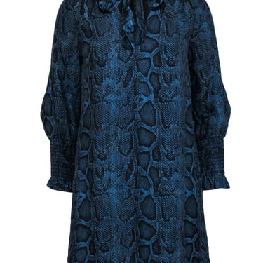 Rebecca Taylor - Blue & Black Snakeskin Print Silk Shift Dress w/ Neck Tie Sz 0