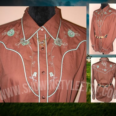 Wrangler Vintage Retro Women's Cowgirl Western Shirt, Western Blouse, Embroidered Turquoise Flowers, Tag Size Large (see meas. photo) 