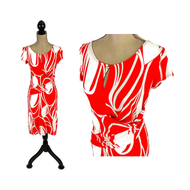 S 90s Y2K Orange & White Mod Abstract Print Dress Small, Ruched Jersey Knit Short Sleeve Midi Dress, Spring Summer Clothes Women Vintage USA 