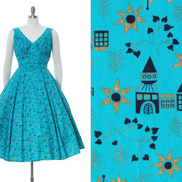 Vintage 1950s Sundress | 50s Novelty Print Cotton Metallic Buildings Suns Blue Fit and Flare Circle Skirt Day Dress (small) 