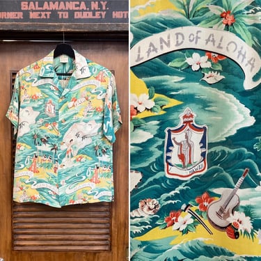 Vintage 1950’s Famous “Land of Aloha” Natives Tiki Crepe Hawaiian Shirt, 50’s Loop Collar, Vintage Clothing 