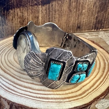 VINTAGE 70s Silver Turquoise Mens Watch Band JH Hallmark