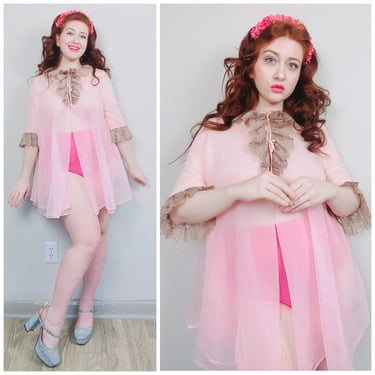 1960s Vintage Baby Pink Nylon Bed Jacket / 60s / Sixties Ruffled Lace Bow Swing Robe / Size Medium - Large 