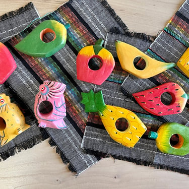 Vintage Hand Carved Tropical Fruit and Owl Napkin Rings 