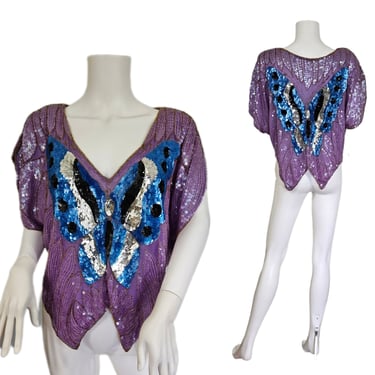 Volup 1980's Purple Lavender Beaded Silk Sequin Butterfly Top I Shirt I Sz Lrg I Disco I Plus Size 