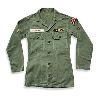 Vintage 1960s OG-107 Type 2 US Army Utility Shirt ~ XS ~ Military Uniform ~ Vietnam War ~ Patches / Named ~ 7th Army Training Command 