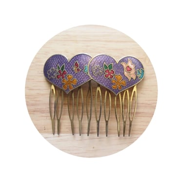 Vintage Cloisonne Hair Comb - Purple Hearts Flowers Butterflies Enamel Slide Clip Barrette 